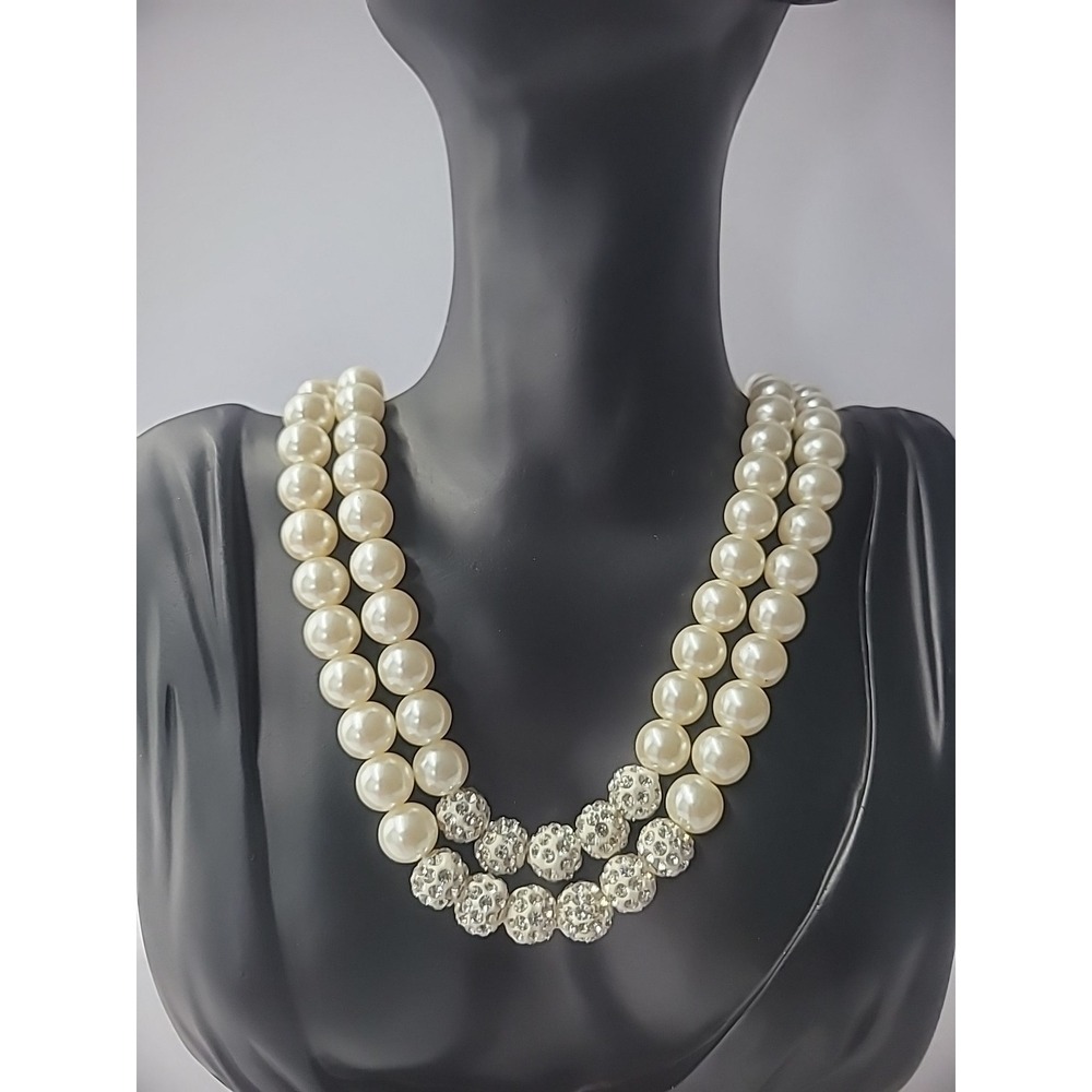 Vintage Necklace Beaded White Glittered Crystals Multi Strand Jewelry Costume